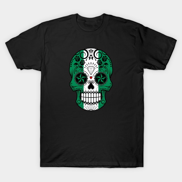 Nigerian Flag Sugar Skull with Roses T-Shirt by jeffbartels